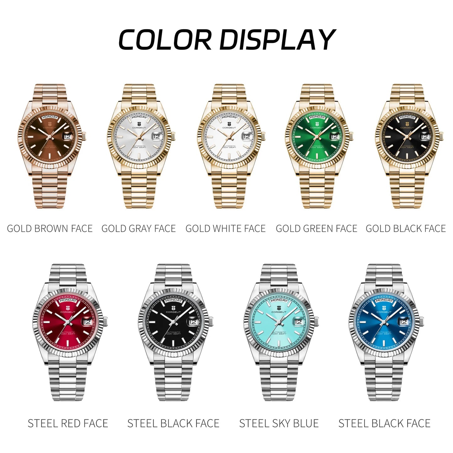 Orologio meccanico da uomo CORGEUT NH36 con indicazione di giorno e data, bracciale President, cassa in acciaio, lunetta arcuata filettata, impermeabile