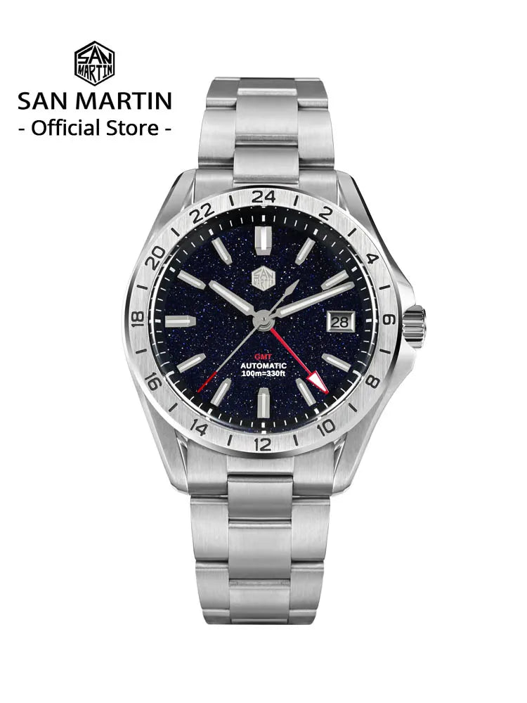 San Martin 39mm Aventurine Gemstone Dial Luxury Men's Watch NH34 GMT Automatic Mechanical Sapphire Waterproof Luminous SN0129