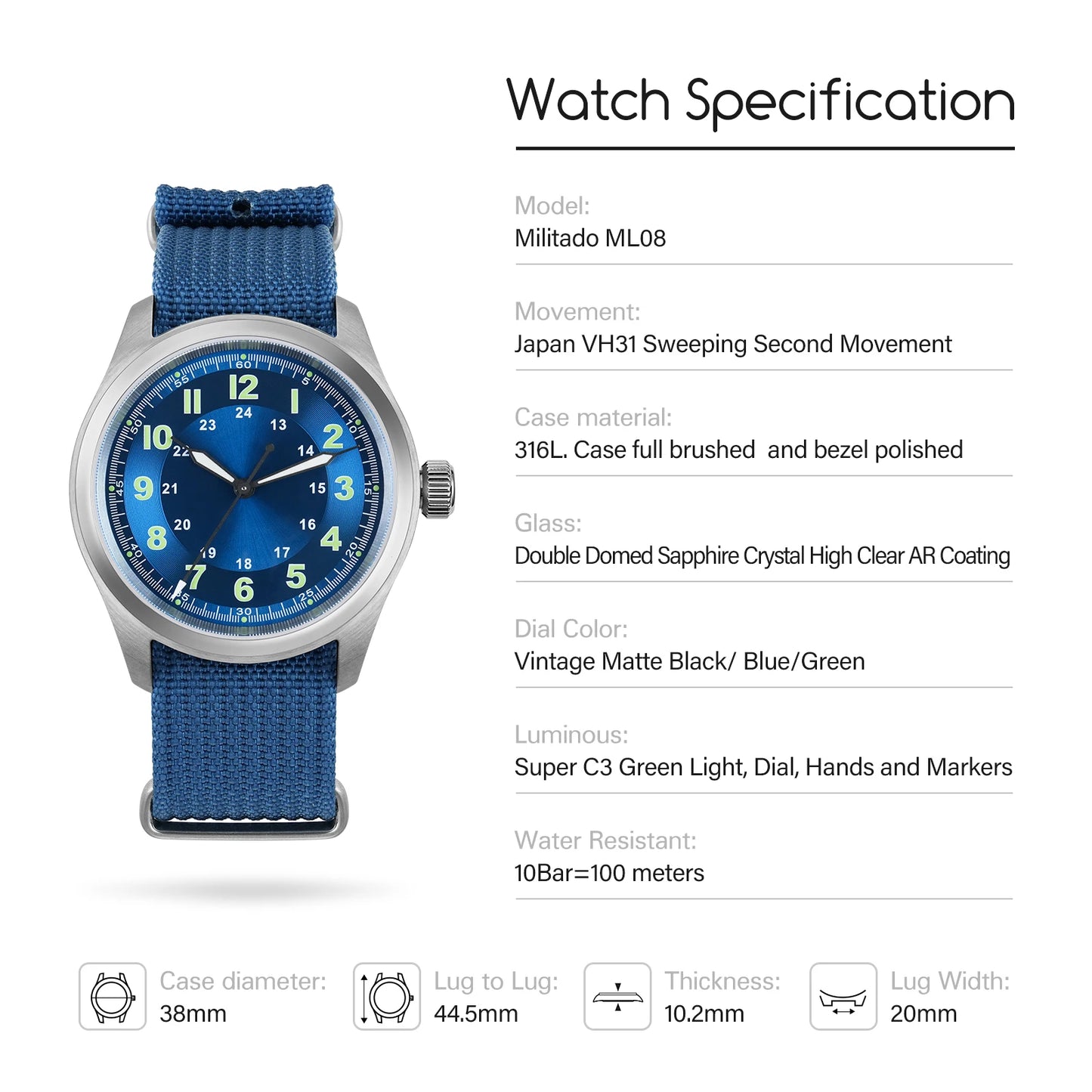 Militado ML08 38mm Quartz Watch VH31 Movement Double Domed Sapphire Crystal Wristwatch Super C3 Green Luminous Vintage Watches