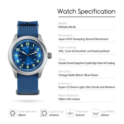 Militado ML08 38mm Quartz Watch VH31 Movement Double Domed Sapphire Crystal Wristwatch Super C3 Green Luminous Vintage Watches