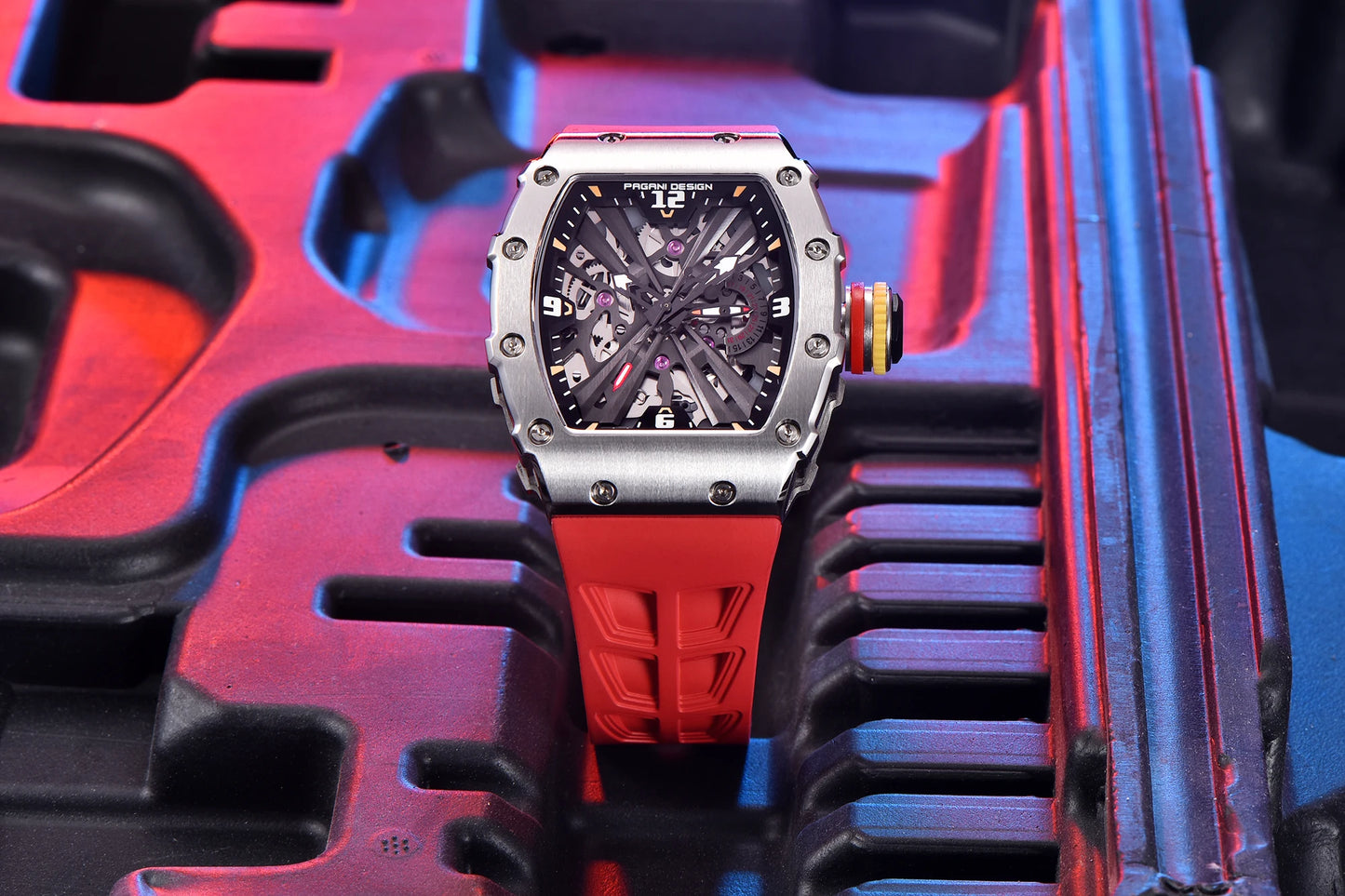 2026 Neue PAGANI DESIGN Herren-Quarzuhr VH65-Uhrwerk, Skeleton-Zifferblatt, 100M wasserdicht, sportliche rechteckige Uhr mit Saphirglas für Herren