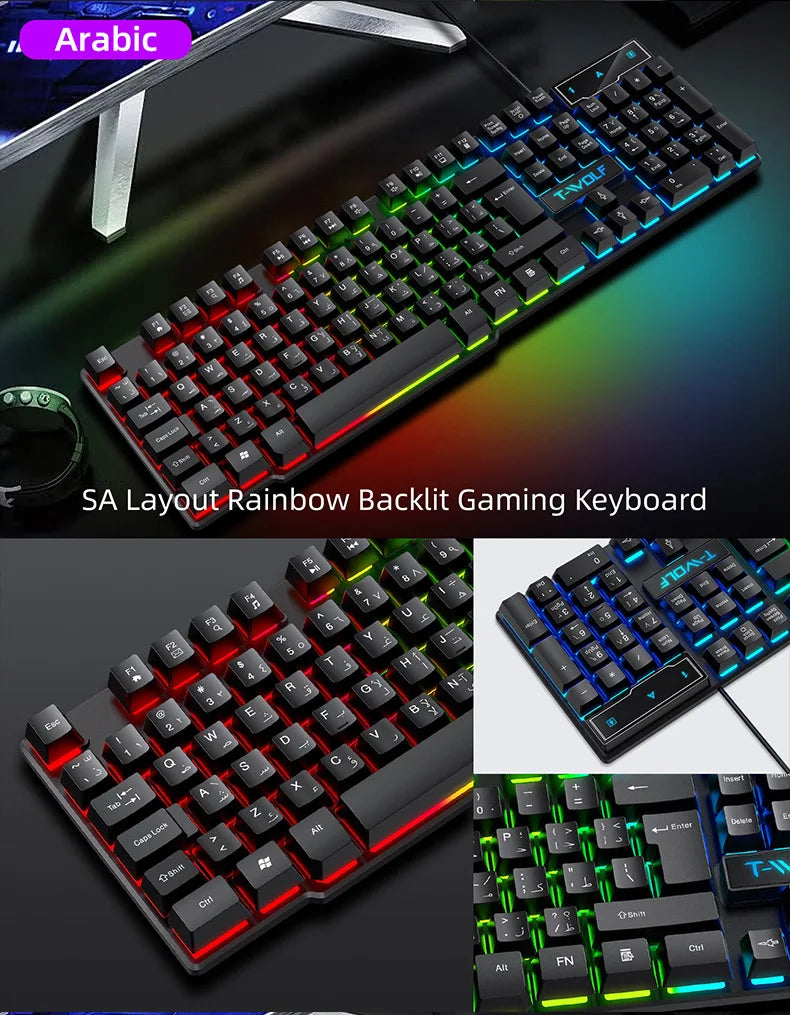 Mechanisches Gaming-Keyboard mit heller RGB-Hintergrundbeleuchtung, kabelgebundene USB-Tastatur für Büro und Zuhause, Medientasten, Russisch, Spanisch, Arabisch, Englisch