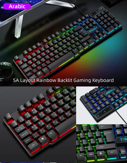 Mechanisches Gaming-Keyboard mit heller RGB-Hintergrundbeleuchtung, kabelgebundene USB-Tastatur für Büro und Zuhause, Medientasten, Russisch, Spanisch, Arabisch, Englisch