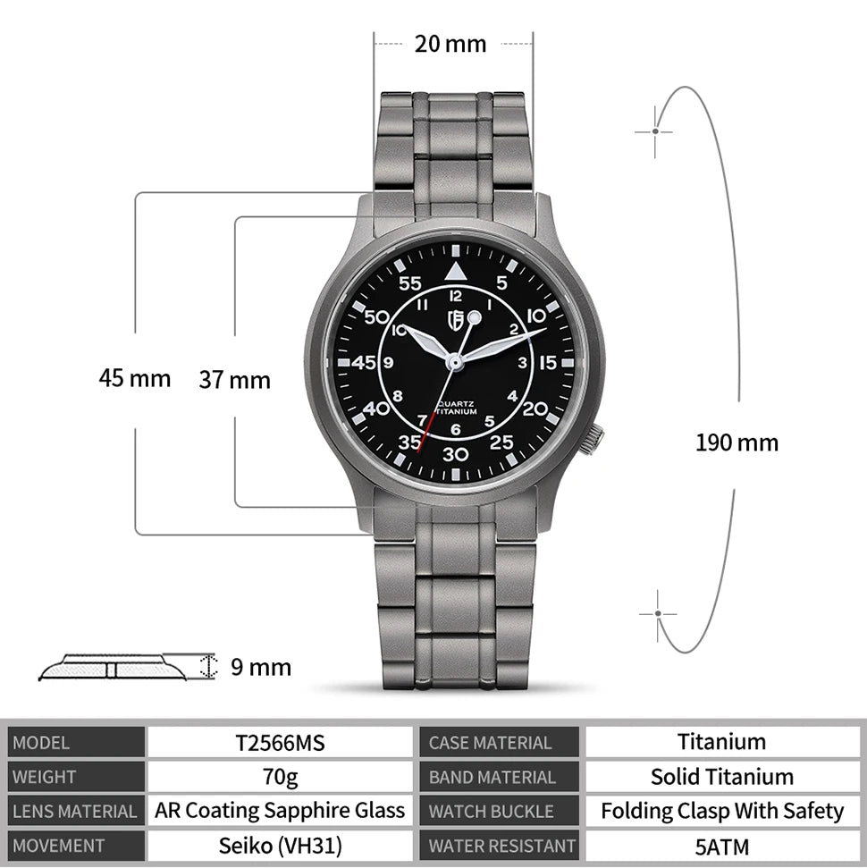 BERNY Titanium Men Quartz Watch AR Coating Sapphire Fashion Wristwatch Luminous VH31 Ultra-thin Wristwatch Waterproof 5ATM Watch