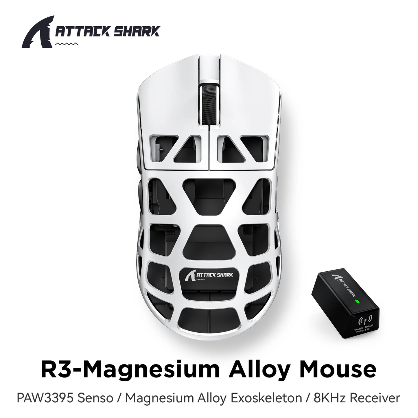 Mouse gaming ATTACK SHARK R3 din aliaj de magneziu cu design tip fagure, ultra-ușor, 8K Hz, senzor PAW3395, 26000 DPI, carcasă ergonomică