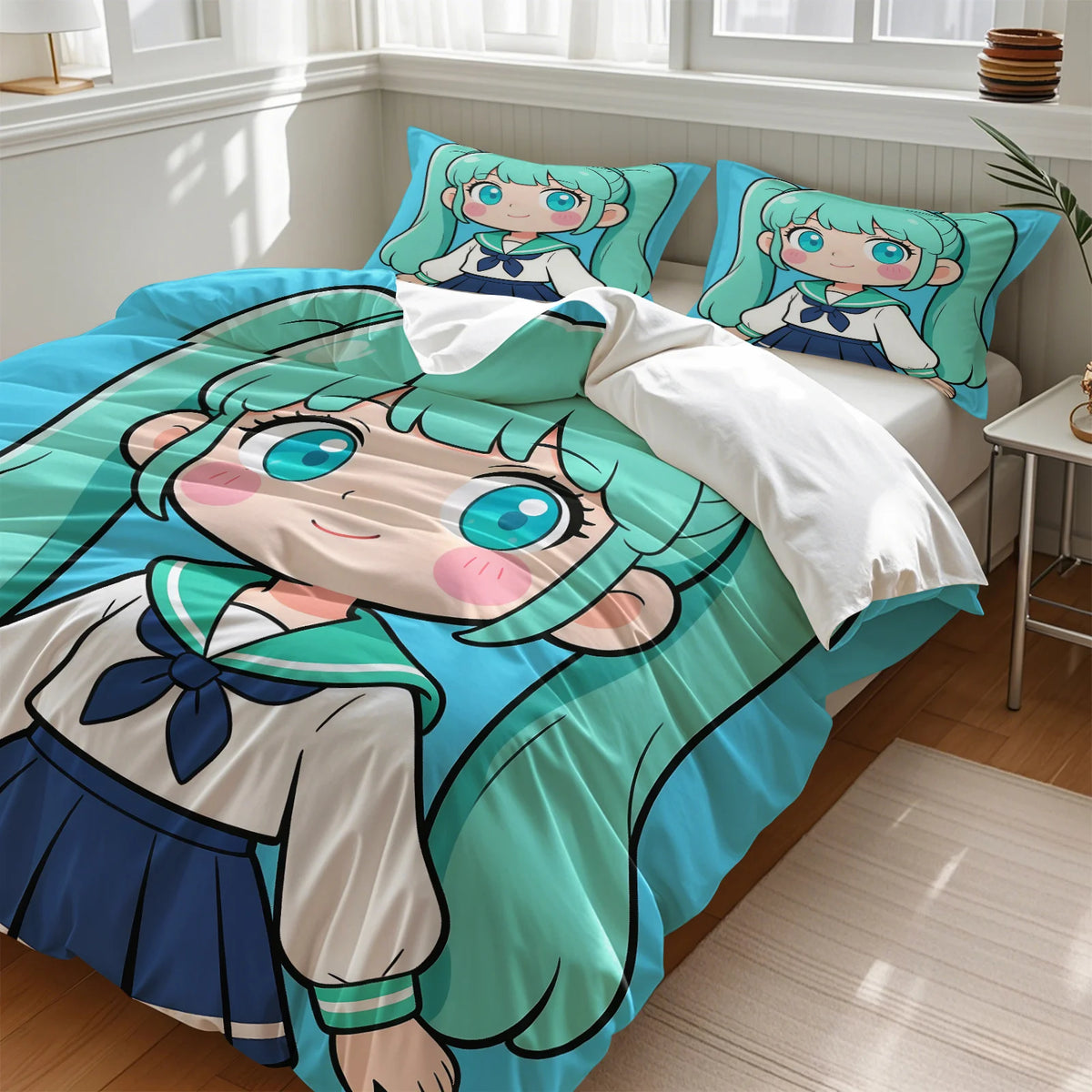 Hatsune Miku Chibi Style påslakanset – Söt anime-sängklädsel med örngott – Spelrum – Tonåringars och barns sovrumsinredning – Present till fans