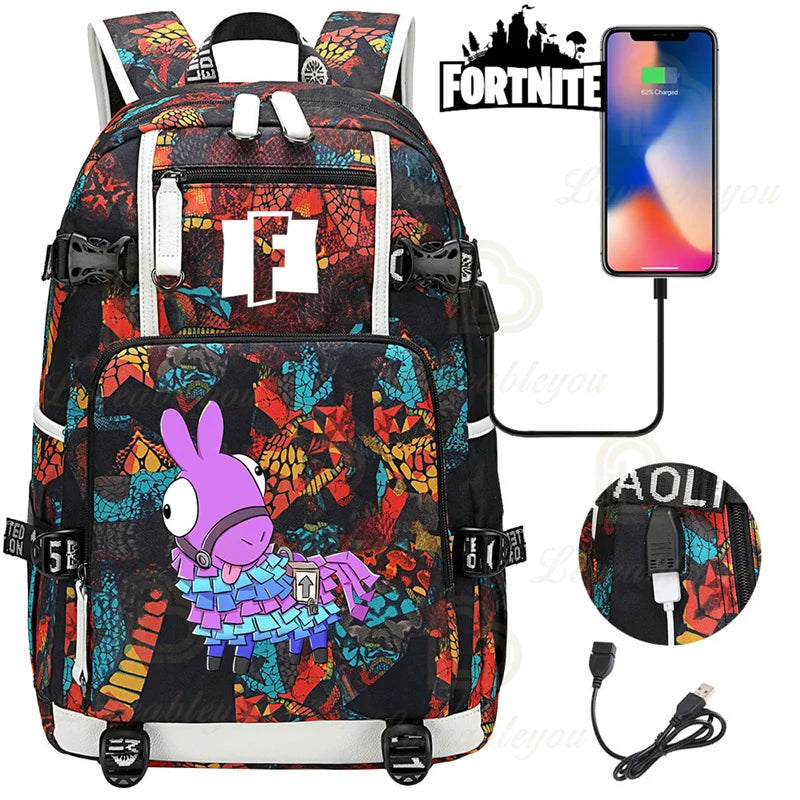 Mochila Red Jade F-Fortnited Battle Royale com carregamento USB, figuras anime e compartimento para material escolar para estudantes