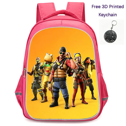 FORTNITE 16-inch Durable Lightweight Backpack, Dual Zipper Pockets, Cartoon Style for Boys & Girls 6-10,Free 3D Printed Keychain