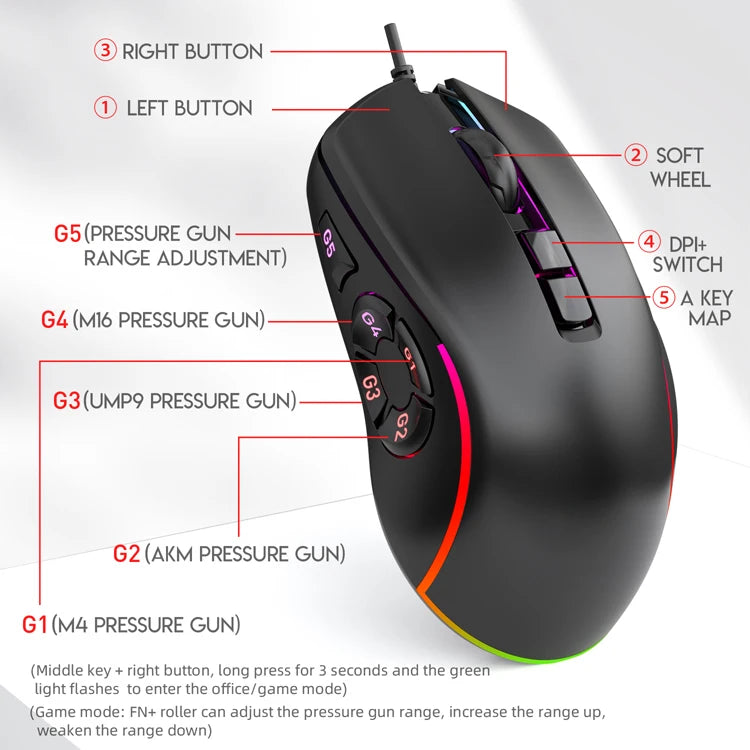 Mouse de birou pentru gaming cu fir 7200DPI, iluminare RGB, 6 niveluri DPI ajustabile/10 butoane programabile/buton de revenire la desktop
