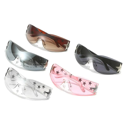 Rimless Y2K Sunglasses Women Men Punk Goggle Trendy Shield Sun Glasses UV400 3D Five Star Rhinestones Eyewear 2024