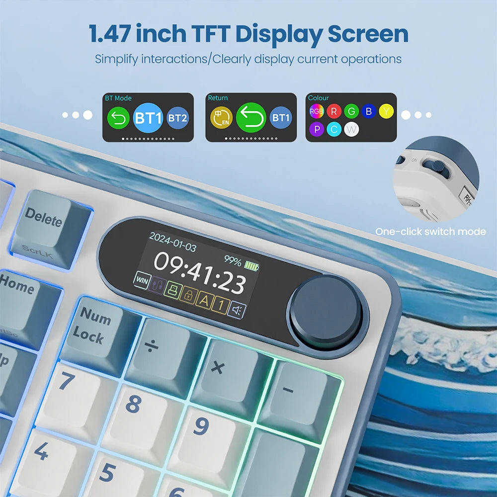 Clavier mécanique RK ROYAL KLUDGE S98 avec écran TFT en surface, 98 touches, RGB, BT 5.0/2,4 GHz/USB-C, clavier gaming sans fil, remplaçable à chaud
