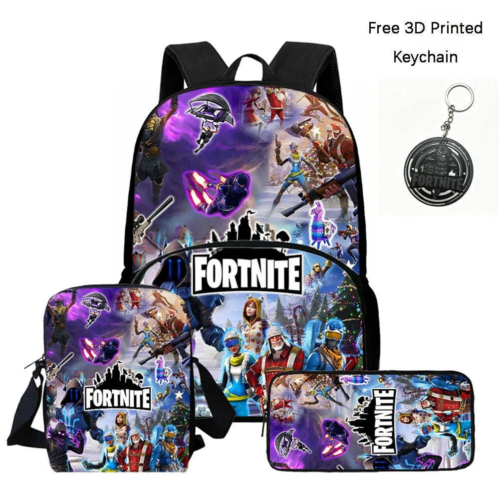 FORTNITE 3-teiliges Schulrucksack-Set, Umhängetasche mit Fronttasche und Federmäppchen, für Jungen und Mädchen von 5–10 Jahren, leicht, mit kostenlosem 3D-bedrucktem Schlüsselanhänger