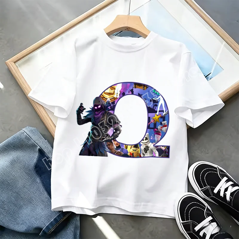 Fortnite A-Z Alphabet Print T-Shirt Summer Kids White Clothing Popular Cartoon Game T-Shirt Fashion Casual Short Sleeve Top Gift