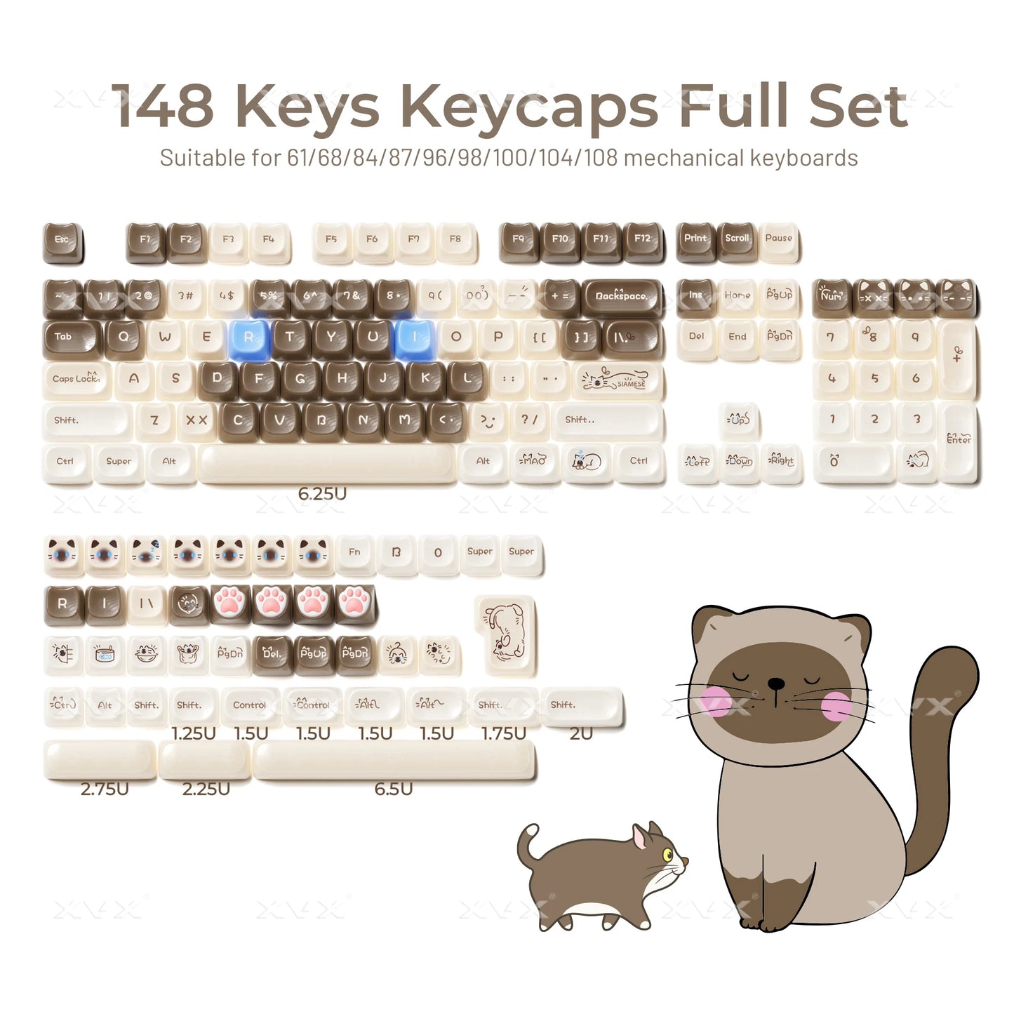 XVX 148 Keys Cat Theme Keycaps MAO Profile Key Cap Korean Glossy Cute Keycap for Keyboard 61 64 68 78 87 96 98 104 108