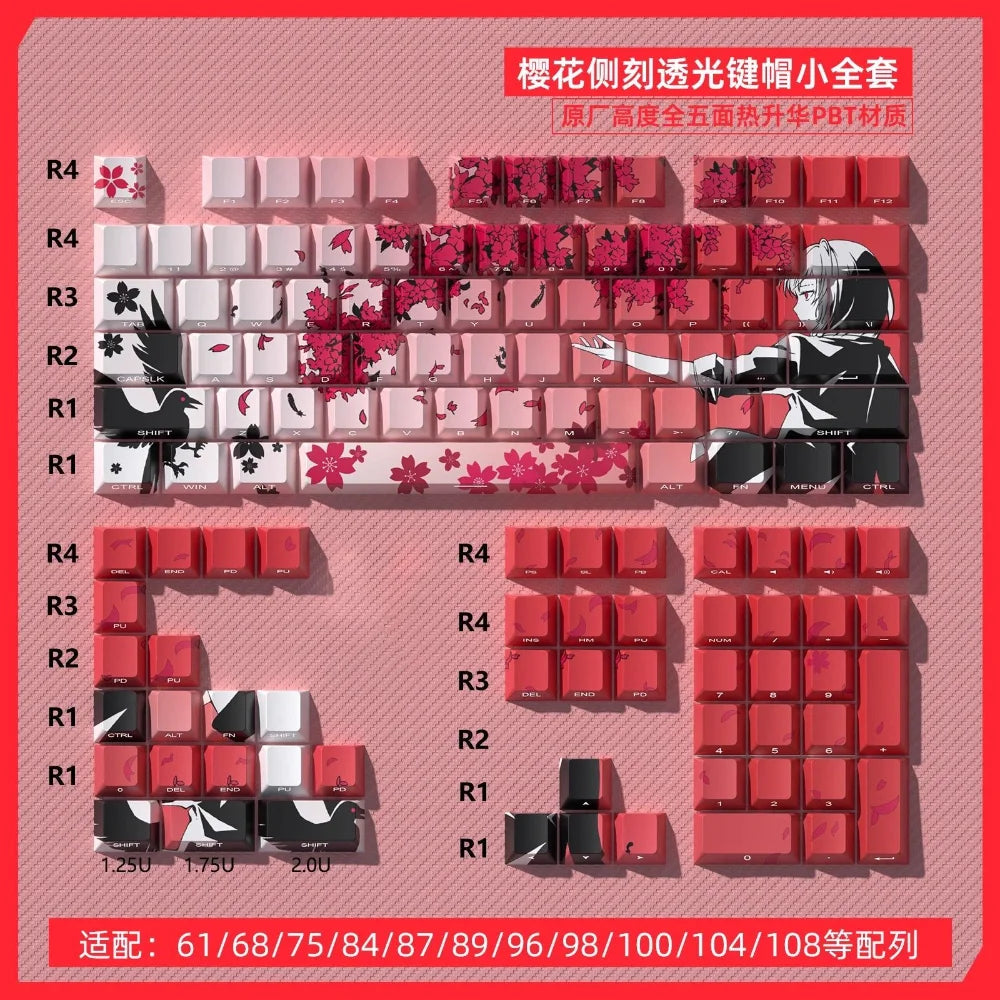 Sakura Raven Keycaps Cherry Side-engraved Translucent Keycaps PBT 129 Keys for Wooting 68/84/87/104 Mechanical Keyboards.