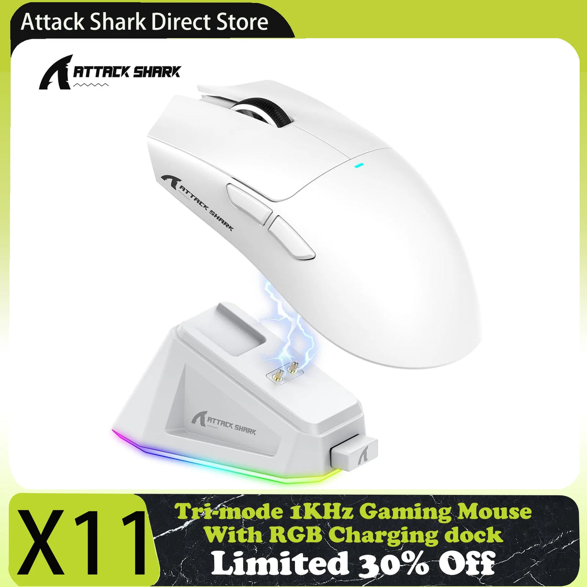 Attack Shark X11 tri-mode gamingmus med magnetisk laddningsdocka, PixArt PAW3311-sensor, 22K DPI, BT/2.4Ghz/trådbunden, för PC/MAC