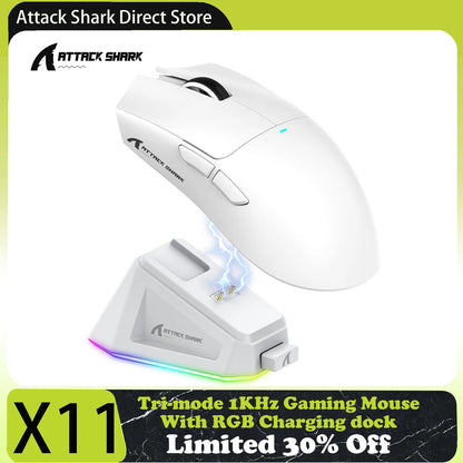 Attack Shark X11 tri-mode gamingmus med magnetisk laddningsdocka, PixArt PAW3311-sensor, 22K DPI, BT/2.4Ghz/trådbunden, för PC/MAC