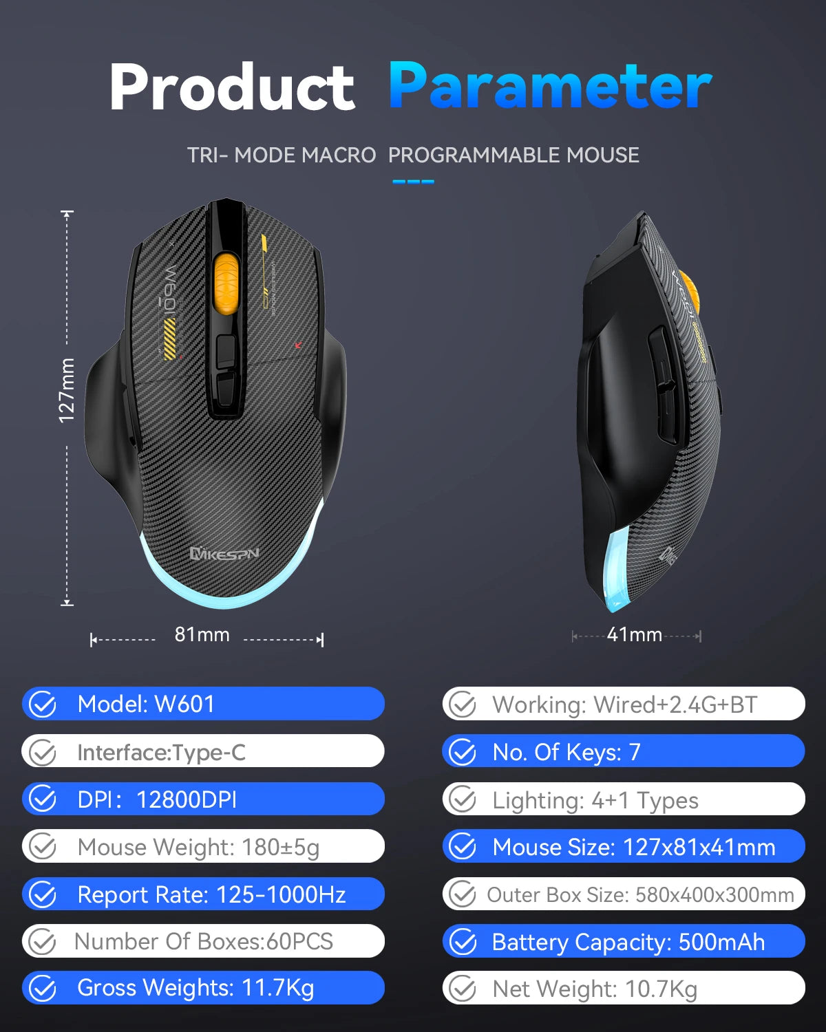 12800 DPI 2.4G Wireless Bluetooth Wired Tri-mode Mouse Mute Button Macro Programming Carbon Fiber Gaming Mouse 500mAh 7 Keys