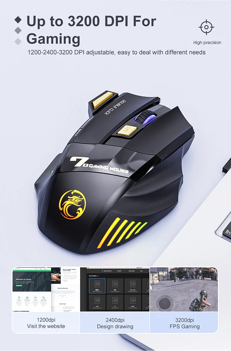 Wireless Gaming Mouse USB IMICE GW-X7 3200DPI Dual Mode Rechargeable 7 Keys 2.4GHz Silent Mouse Bluetooth 7-color Breathing LED