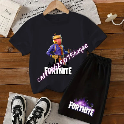 2026 New Fortnite Kids Pure Cotton Short-Sleeved Set with Cartoon Print Boys' Sport Shirt Casual Top Summer T-Shirt 2 Pieces