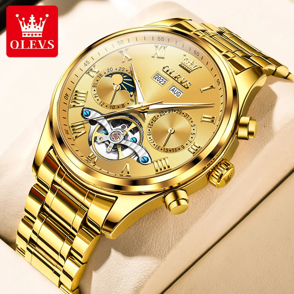OLEVS 7005 Classic Business Mechanical Wristwatch for Men Skeleton Flywheel 24 Hour Moon Phase Calendar Luxury Men's Watch