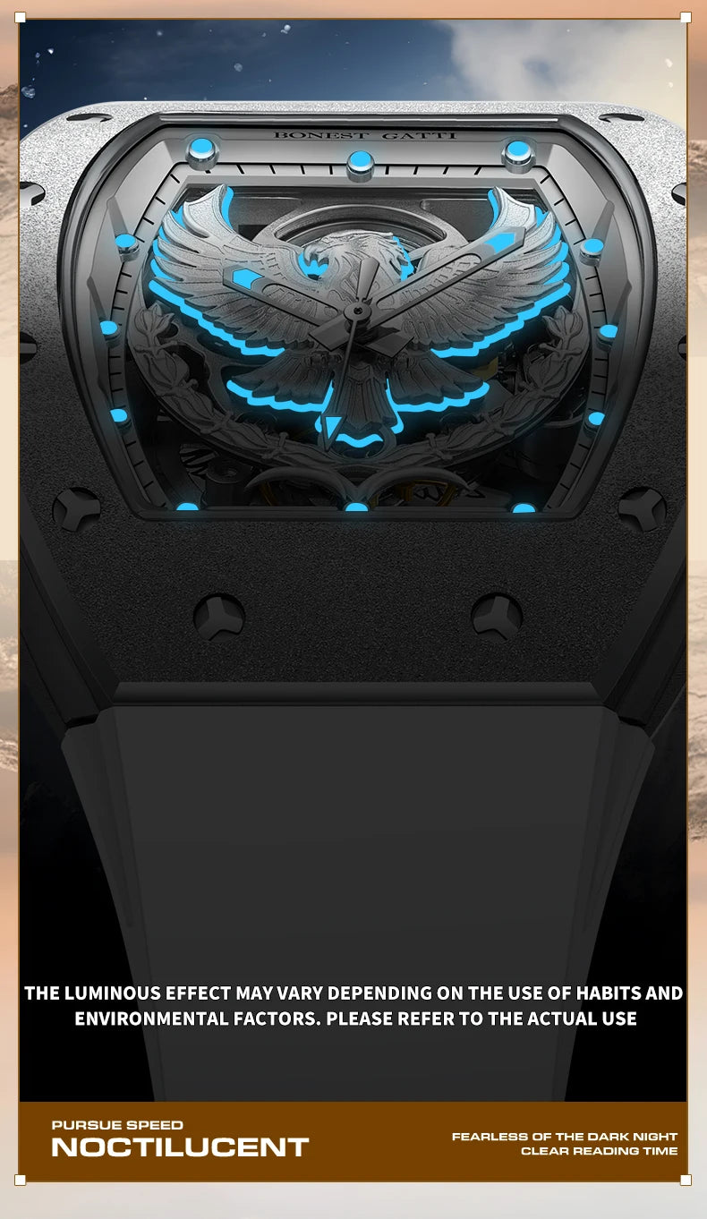 BONEST GATTI Luxury Men Hollow Automatic Mechanical Watches Tonneau Sapphire Crystal Luminous Hollow Eagle Dial Rubber Strapes