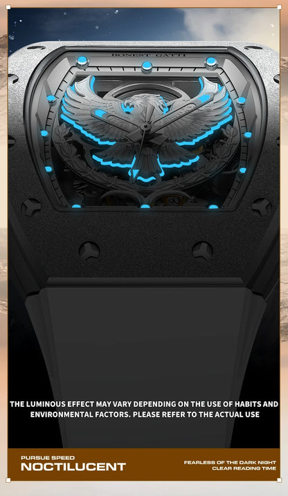 BONEST GATTI Luxury Men Hollow Automatic Mechanical Watches Tonneau Sapphire Crystal Luminous Hollow Eagle Dial Rubber Strapes