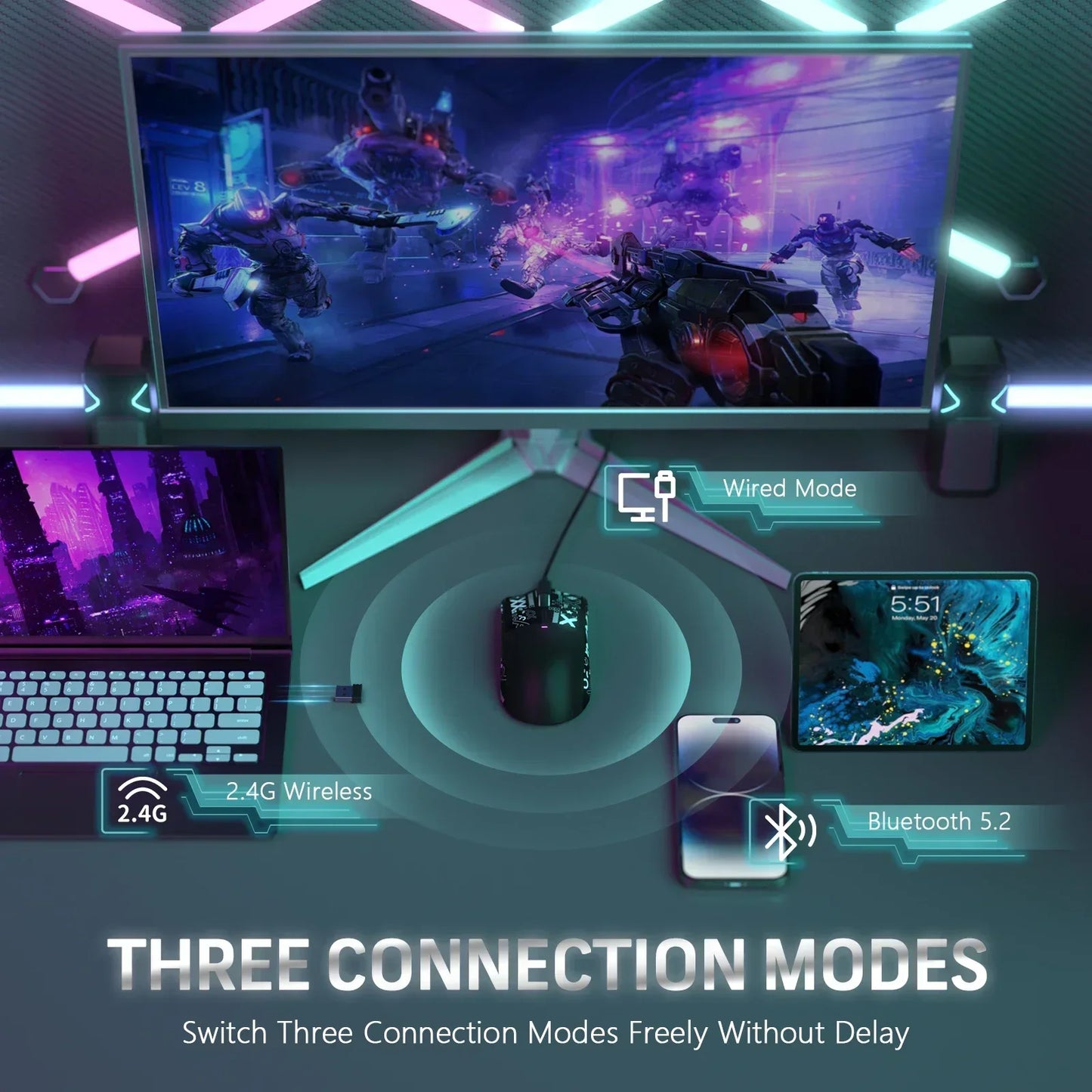 Mouse da gaming wireless Original Brand ATTACK SHARK X11 con dock di ricarica, sensore gaming PixArt PAW3311, Origin BT/2.4G wireless/cablato