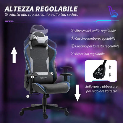 Gaming Chair Reclining 150 ° with Rocking Function, in Linen Effect Fabric, 66X53X128-138 Cm, Gray
