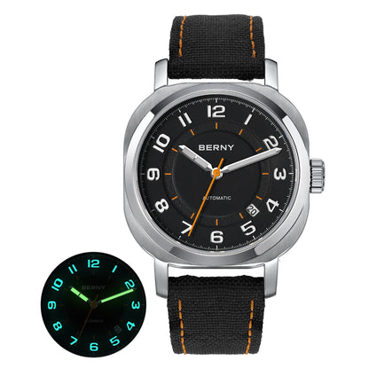 BERNY Mechanical Watch For Women Self-wind Pillow Cushion Sapphire Super Luminous Wristwatch Canvas Calendar Watch For Ladies