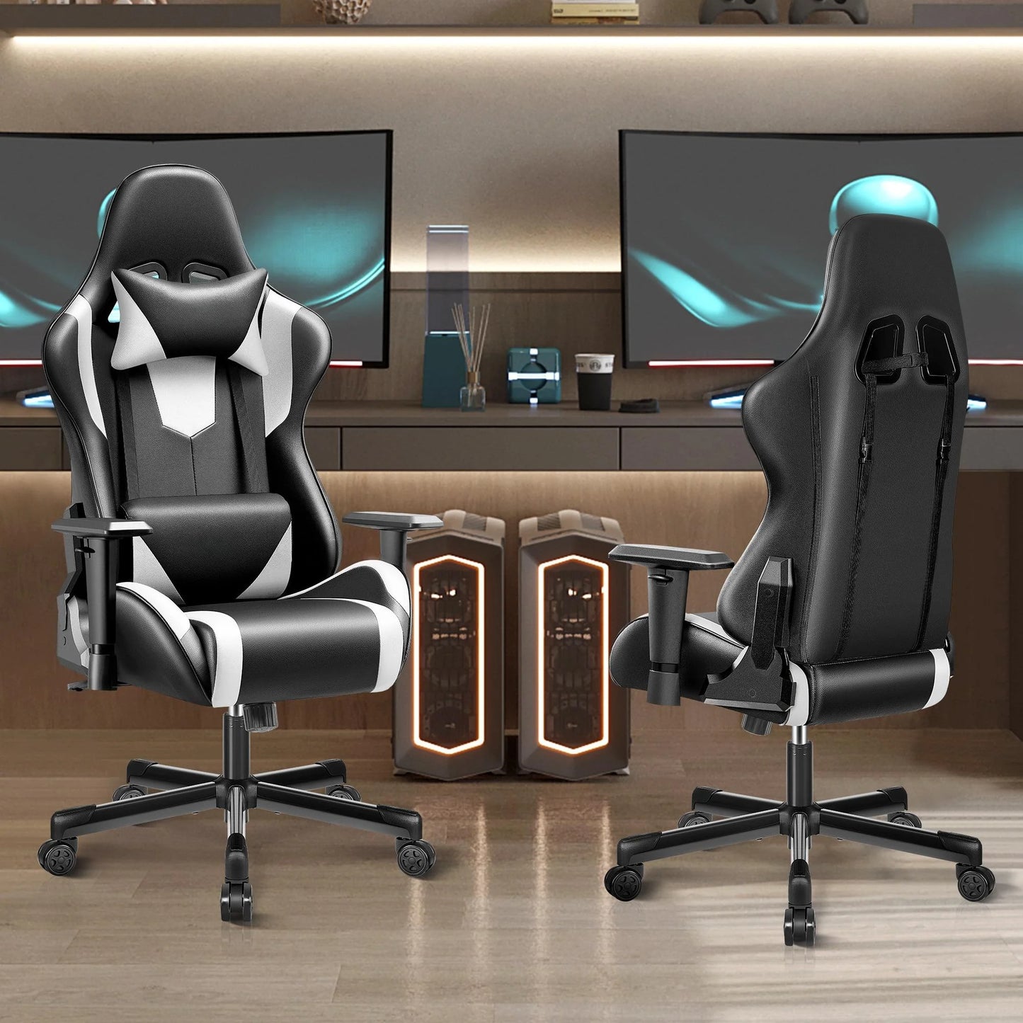 Ergonomic Gaming Chair Black & White Racing Style Office Chair with Adjustable Armrests, 155° Reclining, Swivel Computer Gaming Chair