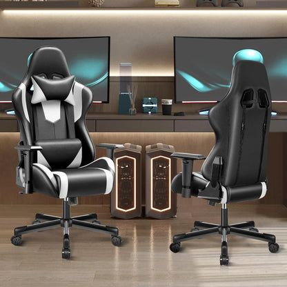 Ergonomic Gaming Chair Black & White Racing Style Office Chair with Adjustable Armrests, 155° Reclining, Swivel Computer Gaming Chair