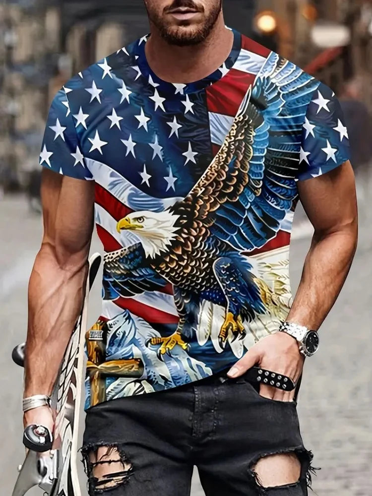 Men's Patriotic 3D Eagle Print T-Shirt Casual Crew Neck Short Sleeved Pullover for Summer Fashion Outdoor Activities Men Clothes