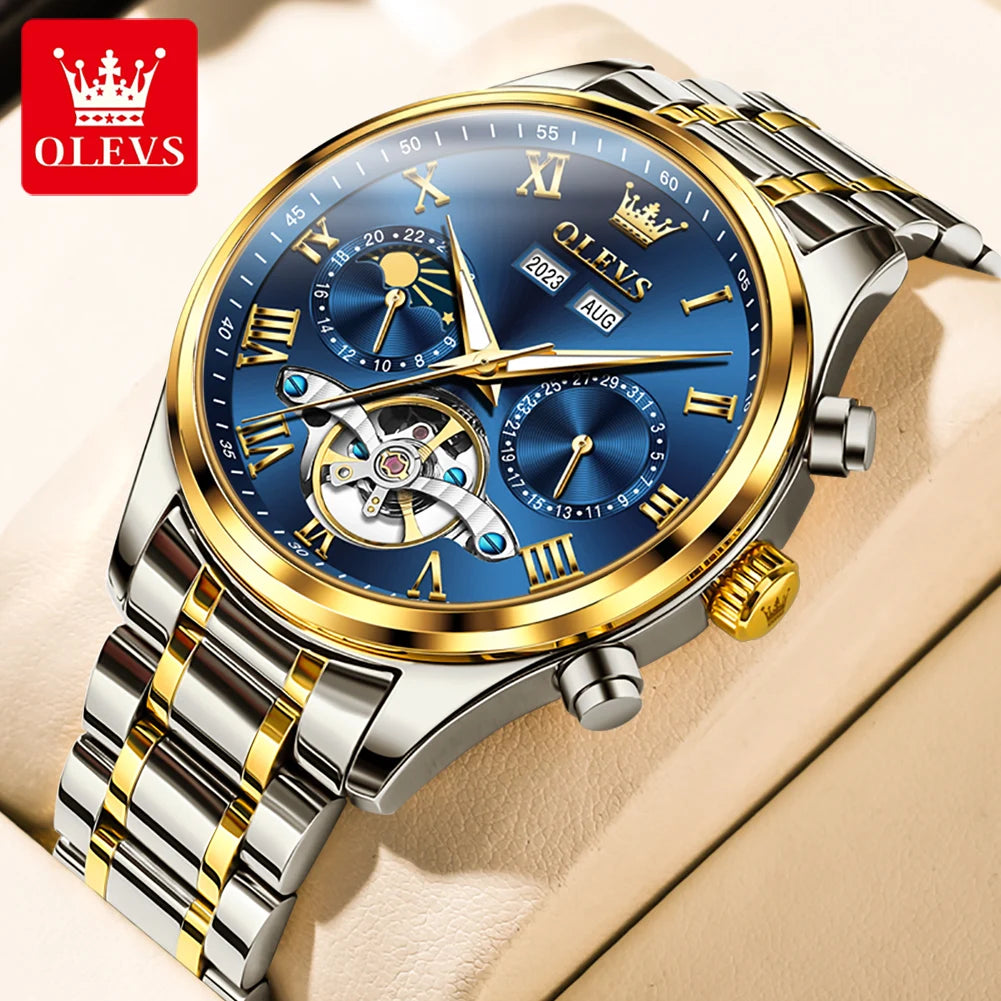 OLEVS 7005 Classic Business Mechanical Wristwatch for Men Skeleton Flywheel 24 Hour Moon Phase Calendar Luxury Men's Watch