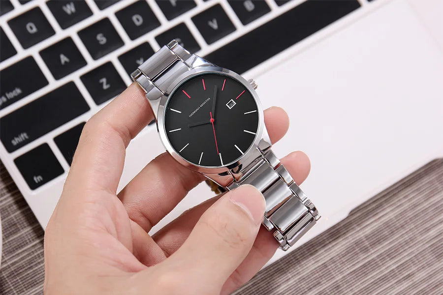 Ceas pentru bărbați Hannah Martin, carcasă din oțel inoxidabil, mecanism cu cuarț, cadran de 41 mm, stil profesional, cu afișaj calendar (imitație)