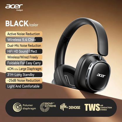 Acer Ohr633 2026 Nouveau modèle de casque Bluetooth sans fil, qualité sonore stéréo Hifi, réduction du bruit des appels, conception pliable et réglable, microphone haute définition intégré, casque de jeu