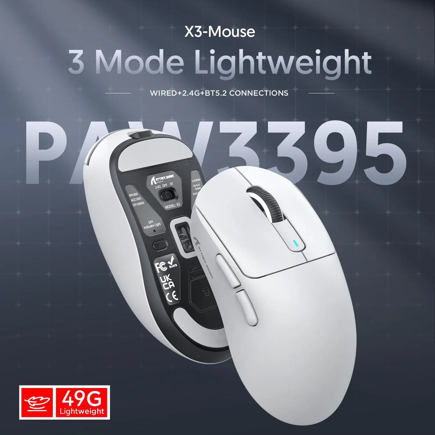 Ratón gaming inalámbrico ATTACK SHARK X3 PixArt PAW3395 49g SUPERLIGHT, BT/2.4G inalámbrico/con cable, 6 DPI ajustables hasta 26000