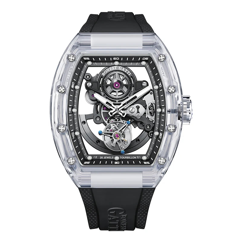 BONEST GATTI Luxury Men Automatic Tourbillon Watch Hollow Out Dial Crystal Case Sapphire Luminous Rubber Strap Wristwatch