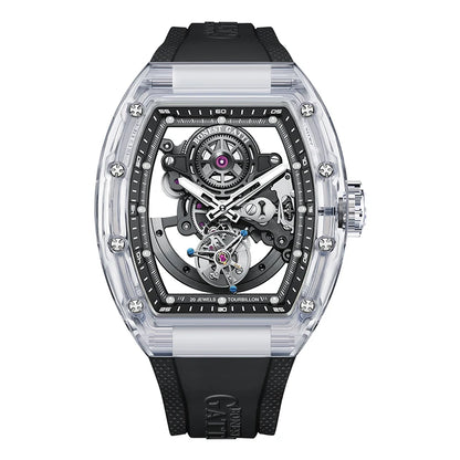 BONEST GATTI Luxury Men Automatic Tourbillon Watch Hollow Out Dial Crystal Case Sapphire Luminous Rubber Strap Wristwatch