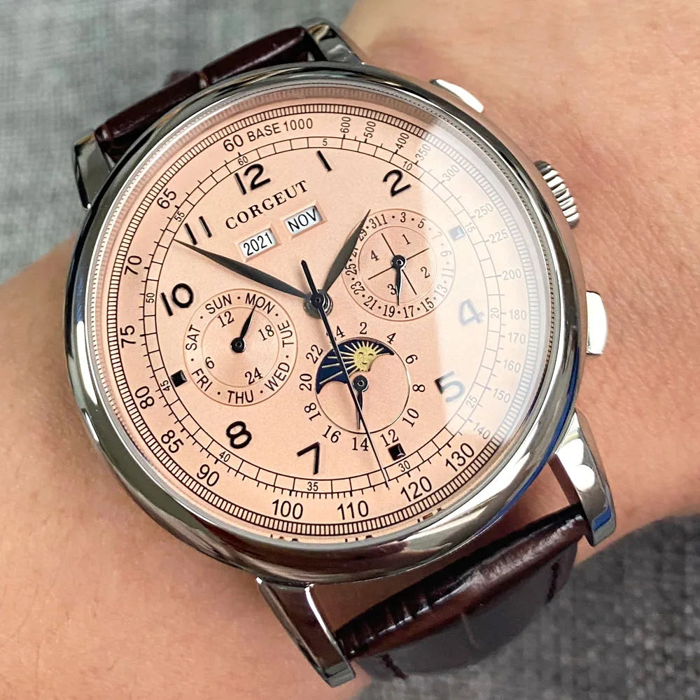 Automatic Watch for Men Multifunction Date Day Month Year 316L Mechanical Men's Watch Polished Case Day/Night Indicator 42mm