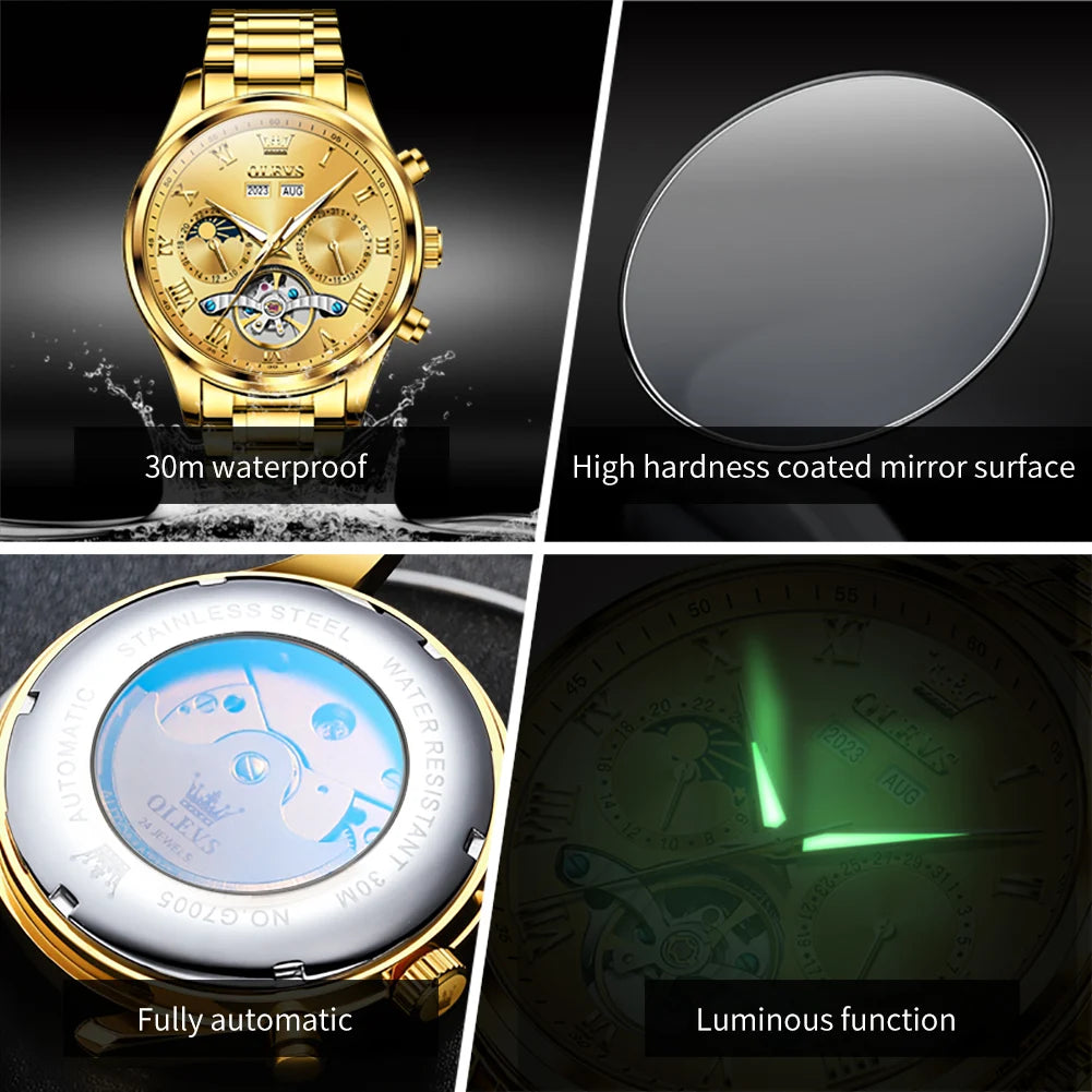 OLEVS 7005 Classic Business Mechanical Wristwatch for Men Skeleton Flywheel 24 Hour Moon Phase Calendar Luxury Men's Watch