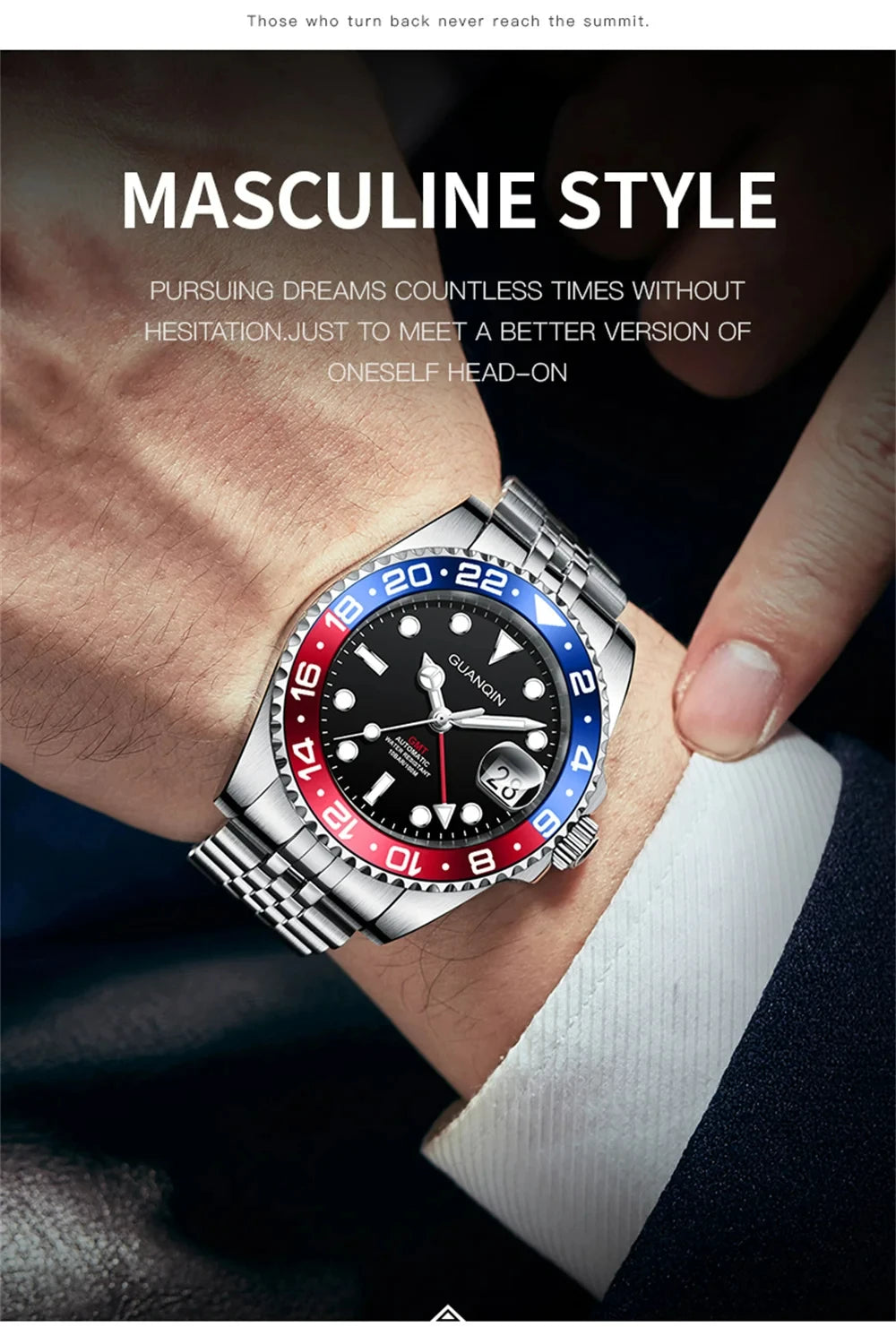 GUANQIN GMT Herrenuhren 2025 Neue Automatikuhr für Herren NH34 Mechanische Armbanduhr Saphirglas Edelstahlgehäuse Linkshänder