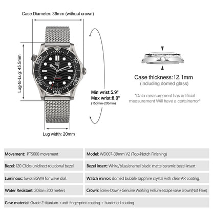 Watchdives WD007 V2 39mm Titanium Dive Watch PT5000 Automatic Movement Luminous 200m Waterproof Domed Bubble Sapphire Watches