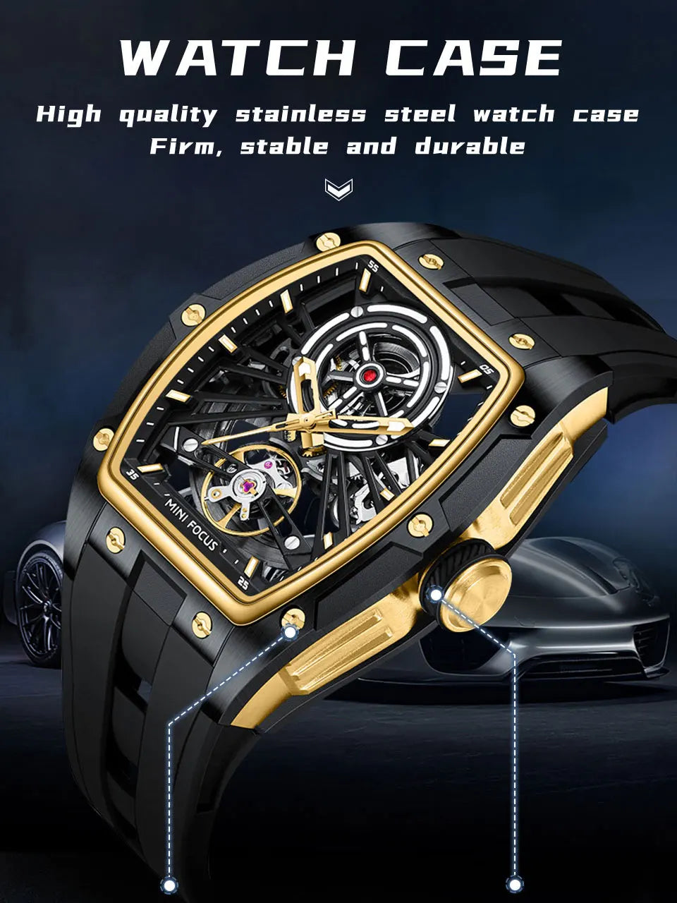 MINI FOCUS Orologio da polso da uomo fashion nero impermeabile, automatico meccanico, con lancette luminose, cinturino in silicone e quadrante tonneau