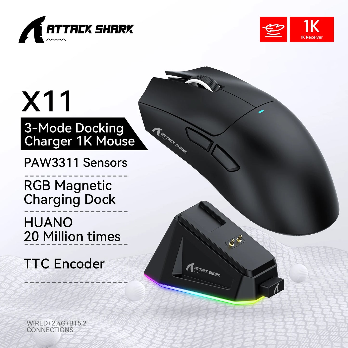 Attack Shark X11&R1 třirežimová bezdrátová Bluetooth myš s nabíjecí základnou, RGB, ergonomická, lehká myš, příslušenství pro PC hráče
