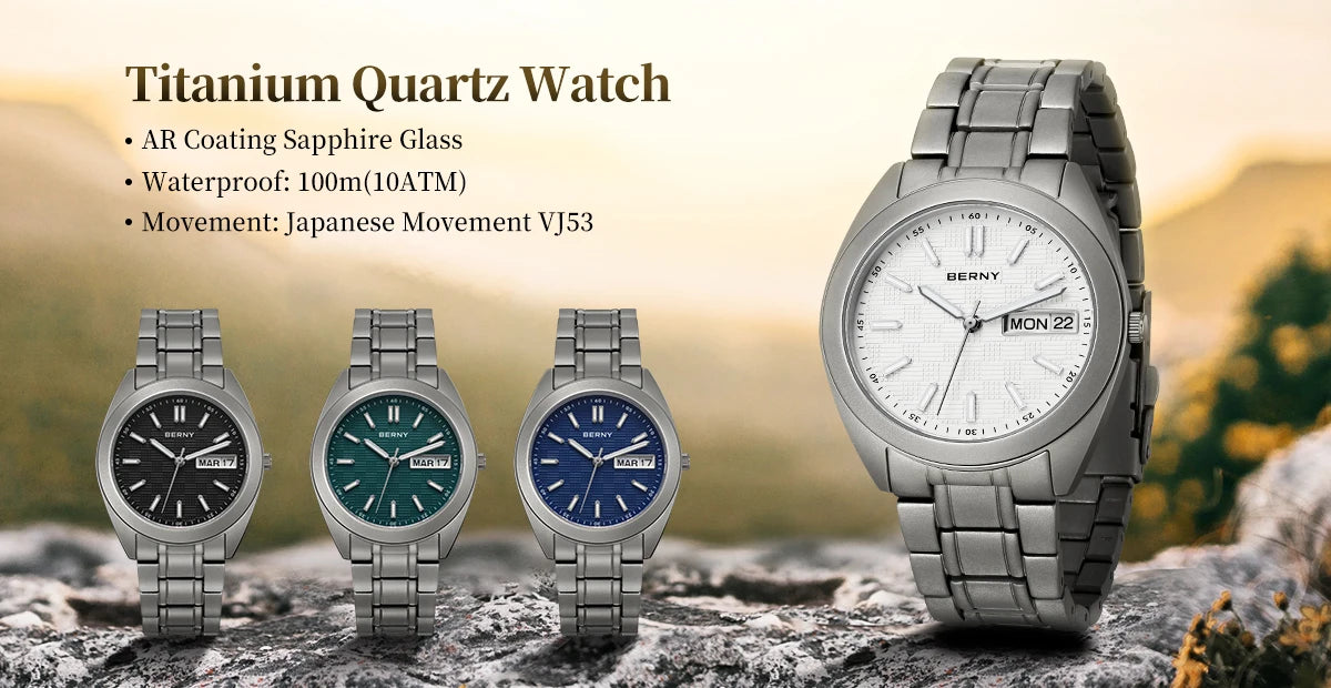 BERNY Full Titanium Men Watch Date Week Quartz Watches Calendar Sapphire Super Luminous 100M Waterproof Lightweight Wristwatch