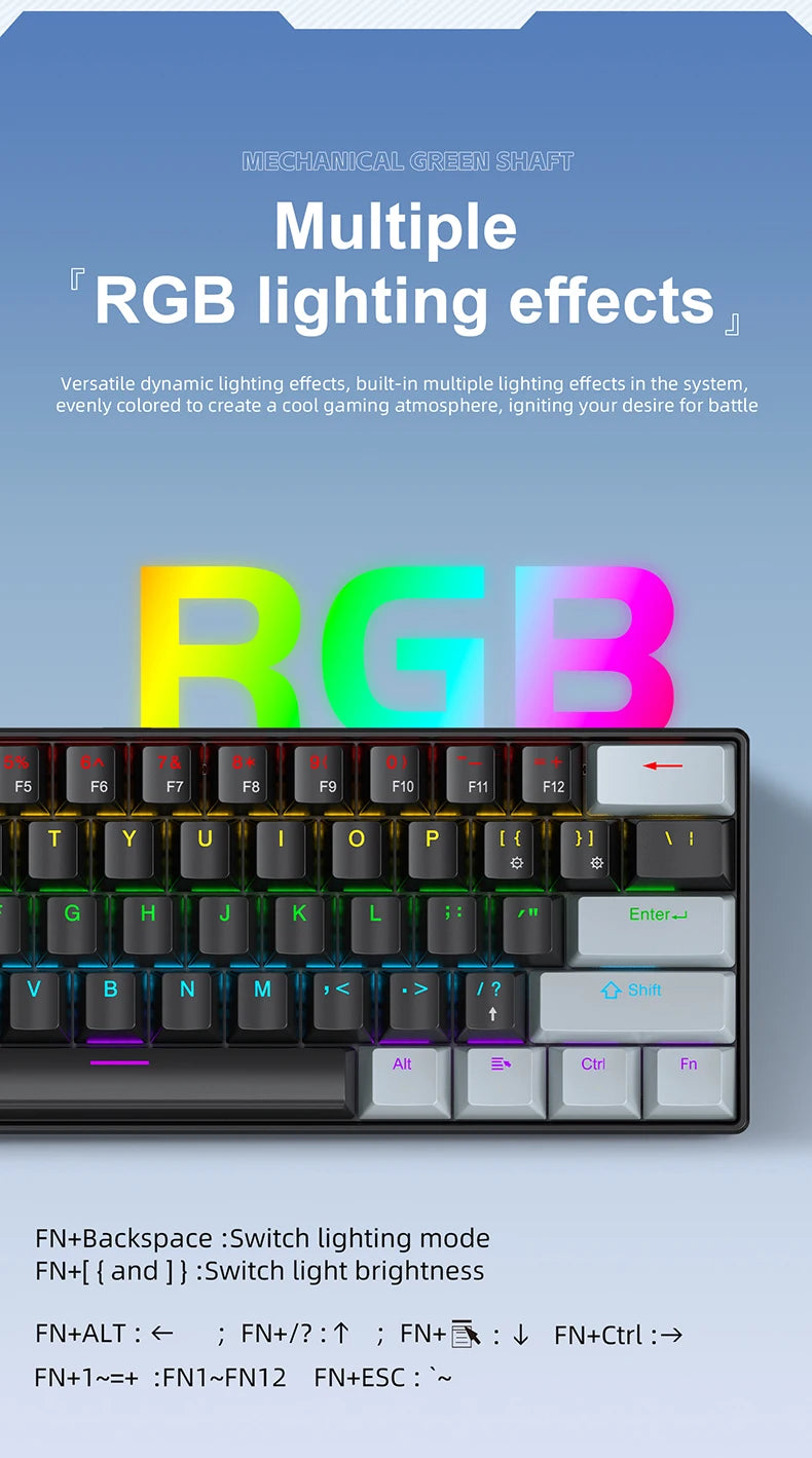 60% Portable Mini Keyboard APAYADO K61 Mechanical Keyboard Wired, 61 Keys RGB Black,White, Red/Blue Switch for Gaming