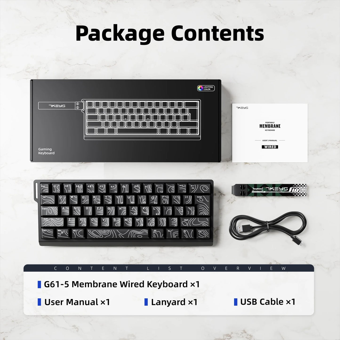 60% compact wired keyboard with RGB backlighting and gradient keycaps suitable for Windows tablets, laptops, and gamers.