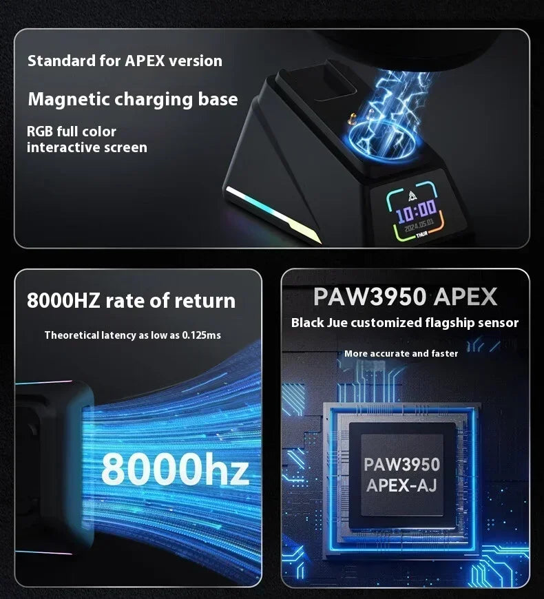 Rato Gaming Sem Fios AJAZZ AJ159 APEX Tri-Mode 8K, Sensor PAW3950 de Baixa Latência, Base de Carregamento, Personalizável, Leve, para PC Gamer