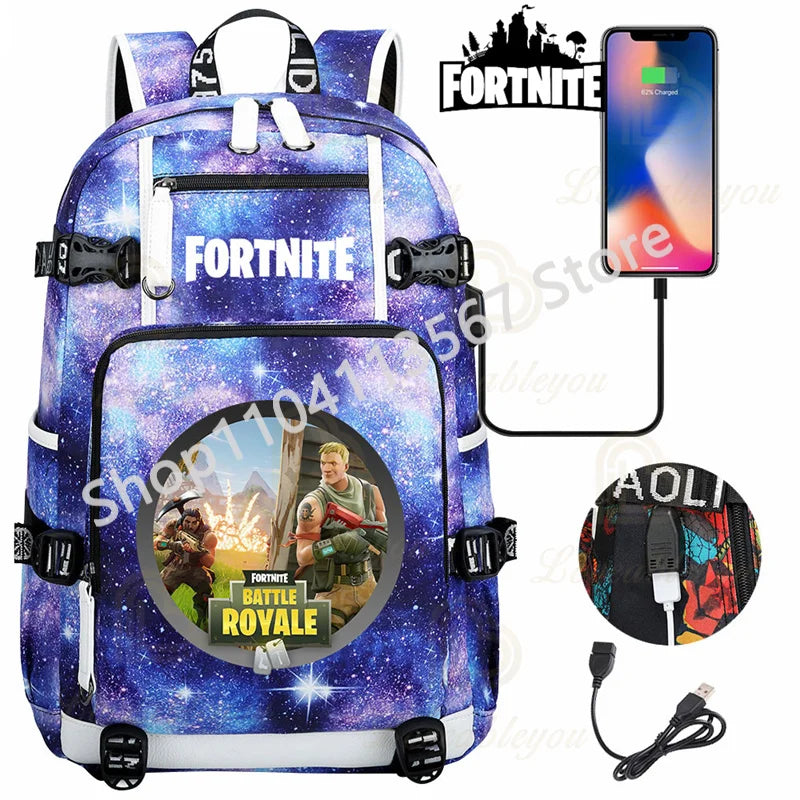 Ultima Knight F-Fortnited Battle Royale Rucksack mit USB-Ladeanschluss, Anime-Figuren und Studienfach für Schreibwaren für Schüler